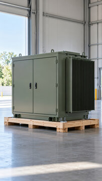 Industrial electrical transformer with cooling grid for grid expansion and cable manufacturing in clean warehouse