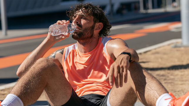 thirsty man drinking fresh water from a bottle outdoors after a workout on a hot summer day showing hydration fitness healthy habits and an active lifestyle