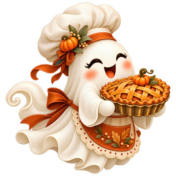 Cute Halloween Ghost Chef Holding a Golden Pumpkin Pie in a Baker Hat and Autumn Apron, Isolated on Transparent Background