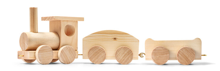Handcrafted wooden toy train set with locomotive and two carriages isolated on transparent © Soho A studio