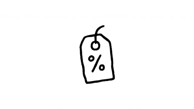 Percentage Price Tag For Discounts And Sale Promotions Hand-Drawn Doodle Animation On Transparent Background. Discount Label And Retail Shopping Offer. Seamless Animated Icon.