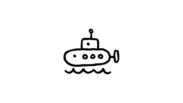 Submarine For Underwater Exploration And Marine Travel Hand Drawn Doodle Animation. Submersible Vessel And Ocean Adventure. Nautical Transport Symbol For Children'S Media. 4K Loop With Alpha Channel.