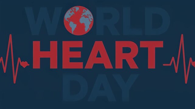 World Heart Day graphic with globe and electrocardiogram. Global heart health awareness. Cardiovascular wellness and prevention. International health campaign design