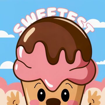 Cute smiling ice cream cone with chocolate and strawberry topping. Kawaii dessert illustration. Sweet treat and summer dessert concept. Playful character design for food promotion