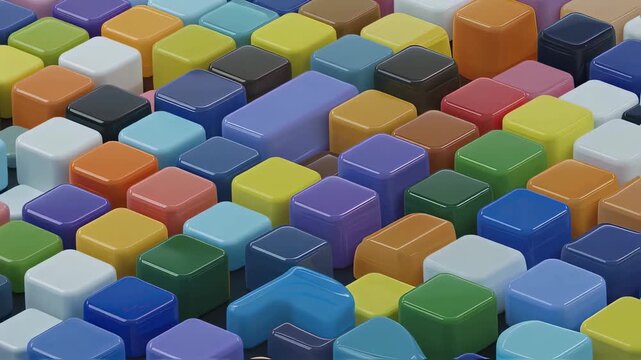 Rows of colorful raised square buttons shifting in an abstract pattern. Digital interface and technology concept. Repeating geometric texture. Vibrant background for innovation and design