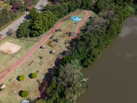 Aerial View of Public Park Beside River in Pirapora do Bom Jesus