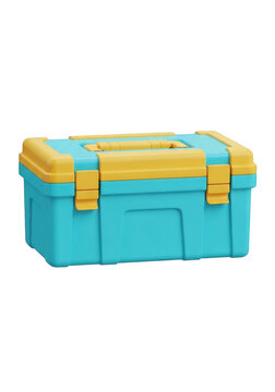A small blue and yellow plastic tool box for organizing hardware equipment and craft supplies isolated on transparent background