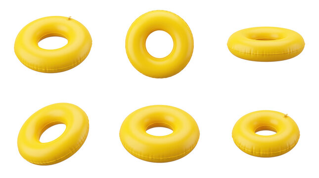 Collection of six bright yellow inflatable swimming rings arranged in various angles and perspectives for... isolated on a transparent background