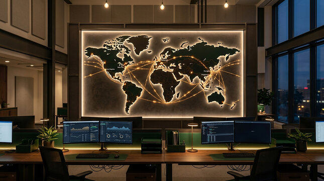 A modern control room with multiple computer screens and a large illuminated world map showing connections