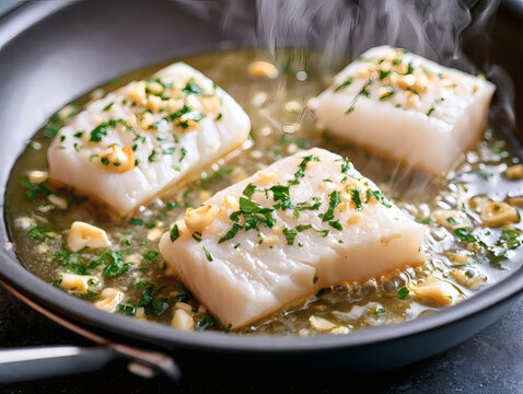 White fish fillets cooking in a skillet with garlic, parsley, and a light sauce. Fresh, healthy meal preparation, gourmet seafood cuisine.