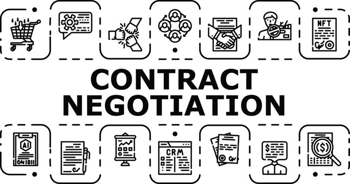 Contract negotiation banner infographic. Dispute proposal, approval settlement, revision bargaining icon vector illustration