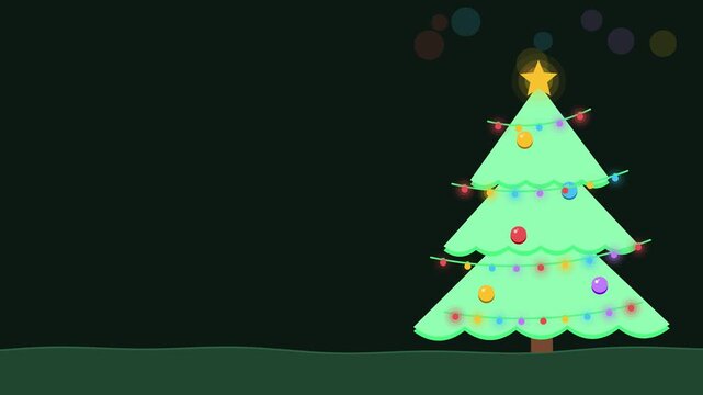 Animated festive christmas tree corner lights twinkling in a minimal flat vector style, green and emerald on a dark background. Smooth 4K seamless loop with calm motion and plenty of empty space for t