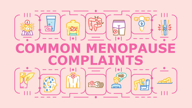 Common menopause complaints banner infographic. Dryness nightsweats, dizziness headaches, irritability insomnia icon vector illustration