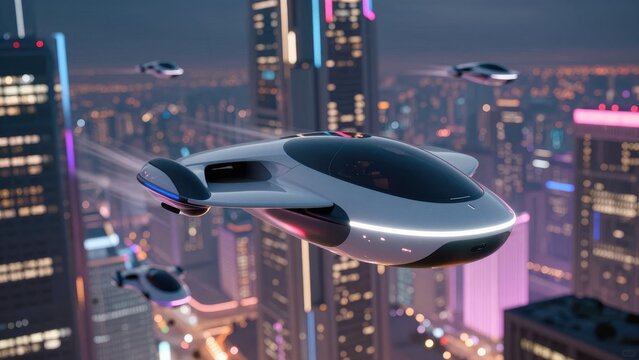 Futuristic City Skyline: Autonomous flying vehicles navigating between illuminated skyscrapers