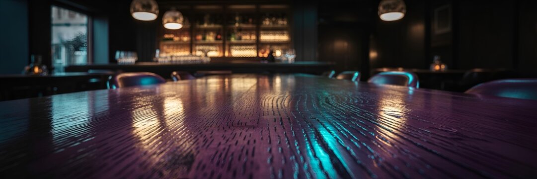 Empty dark wooden restaurant table surface with glowing purple neon reflection and bar background interior