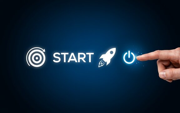 Finger pressing a digital start button with rocket icon for business