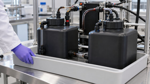 Industrial battery testing with technician purple glove, metal tank and bromine flow system in clean laboratory