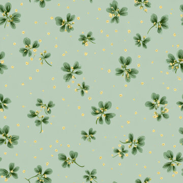 Seamless pattern, micro clover leaves and tiny yellow floret dots, soft pastel matcha green background, 2D vector illustration, crisp defined lines, nursery print