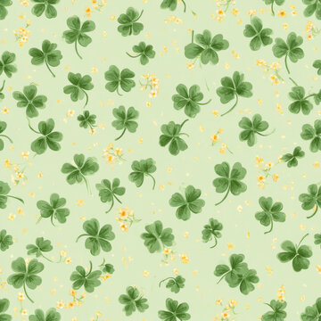 Seamless pattern, micro clover leaves and tiny yellow floret dots, soft pastel matcha green background, 2D vector illustration, crisp defined lines, nursery print
