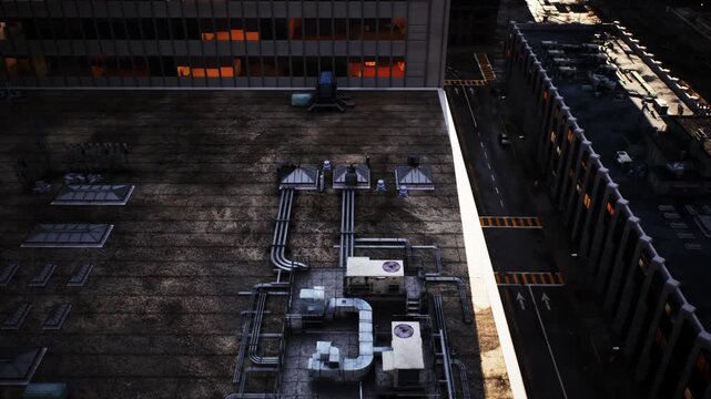 As daylight fades, the rooftop reveals a web of pipes and vents, surrounded by the skyline. Shadows dance across the industrial scene, marking a shift to evening.