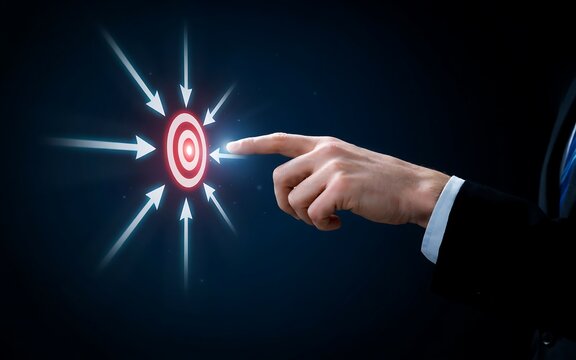 Businessman finger touching digital target icon representing business