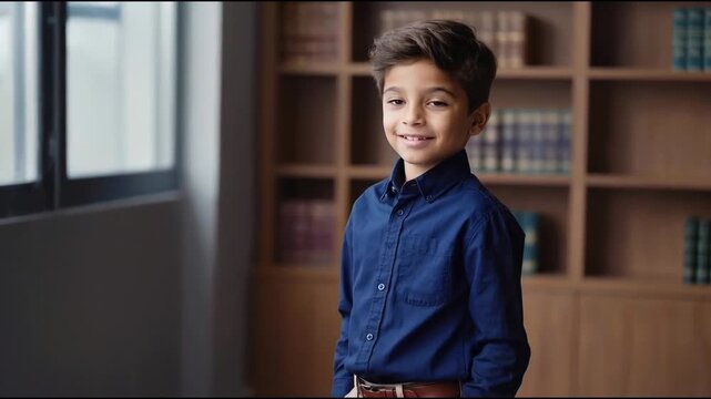 A young boy standing in front of a bookshelf, surrounded by books and possibly reading or studying
