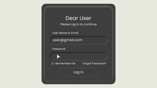 Dark Neumorphic Login Screen Interface animation with Email and Password Fields, Remember Me Option and Interactive Sign In Button.