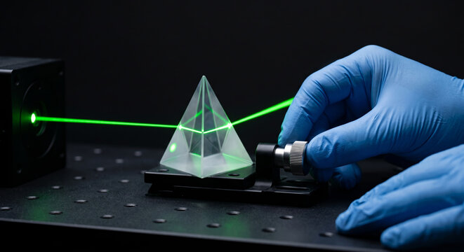 Scientist hand using laser beam through prism to conduct optical research.