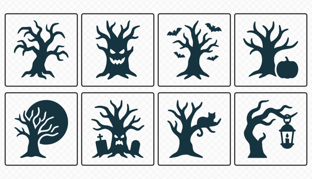 Scary Halloween Tree with Cat and Tombstone Icons