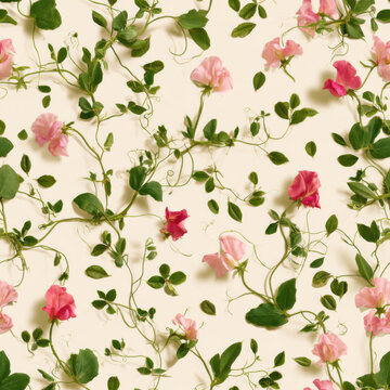 Seamless pattern, miniature sweet pea tendrils and tiny citrus leaves, muted pastel sunny cream background, flat 2D graphic, crisp clear contours