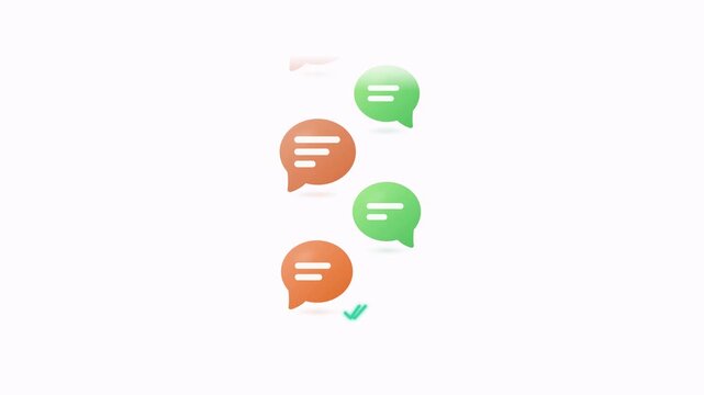 Animated sequence of a digital chat thread with green and orange message bubbles on a white background.