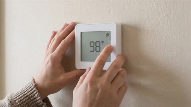 Hands adjusting digital thermostat on indoor wall. Home temperature control. Heating and energy efficiency. Smart home technology and household comfort.