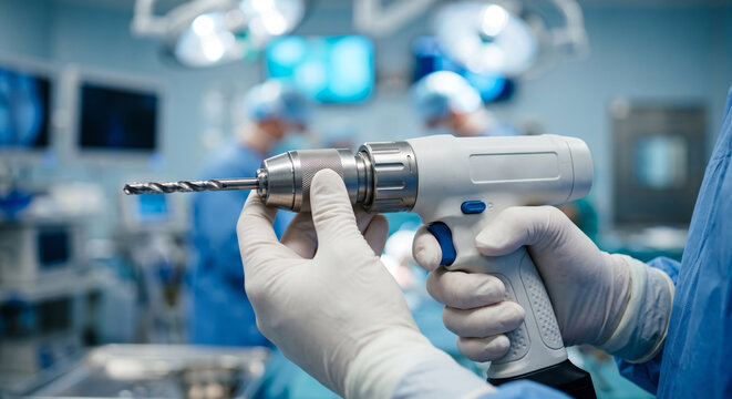 Surgeon uses electric surgical drill in modern operating room with medical team.