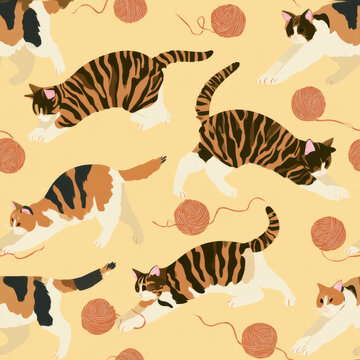 Seamless pattern, tabby and calico cats stretching and scattered yarn balls, butter yellow background, 