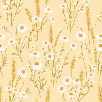 Seamless pattern, tiny delicate chamomile flowers and slender wheat stalks, muted pastel buttercup yellow background, clean flat vector illustration,