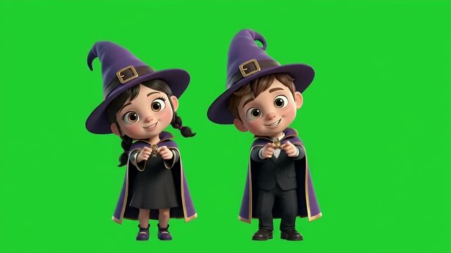 Cartoon Children in Wizard Outfits Dancing on Green Screen - Two adorable cartoon children, a boy and a girl, wear matching wizard hats and capes while enthusiastically performing a synchronized