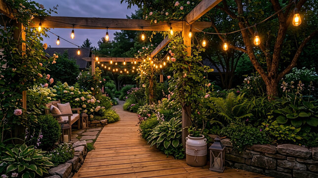 A charming garden pathway is illuminated by hanging string lights under a wooden pergola at dusk