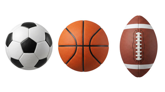 Three sports balls including a black and white soccer ball, an orange basketball, and a brown leather american football on a white background