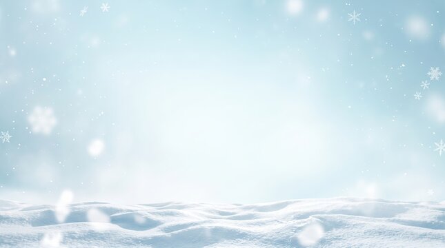 A light blue christmas background with soft, sparkling falling snow and a blurred bokeh effect over pristine snowy ground, perfect for a winter holiday or christmas