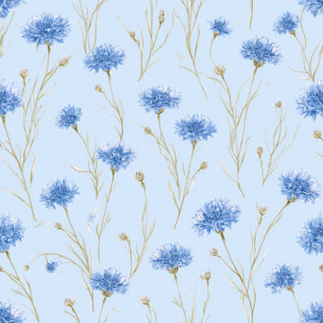 Seamless repeat pattern, tiny cornflower blooms with delicate stems, pastel pale cornflower blue background, clear contour lines, minimal floral vector 
