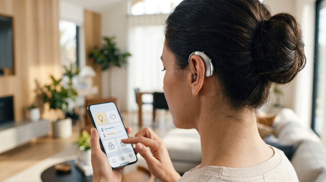 Woman using smartphone with hearing aid and assistive technology controls at home, supporting accessible listening and independent living.