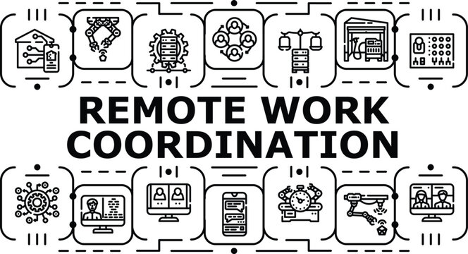 Remote work coordination banner infographic. Scheduling communication, deadlines tasks, workflow meetings icon vector illustration