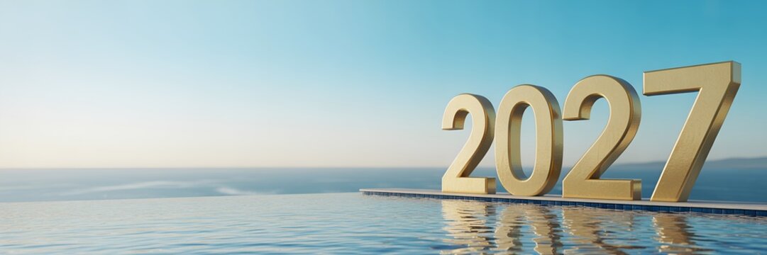 Shiny gold 2027 text standing on the edge of a luxurious infinity swimming pool overlooking the open sea for new year