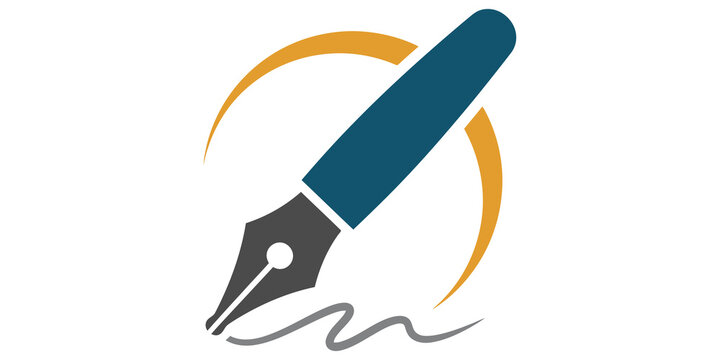 Fountain pen writing signature logo design with yellow curves for official documents and business contracts.