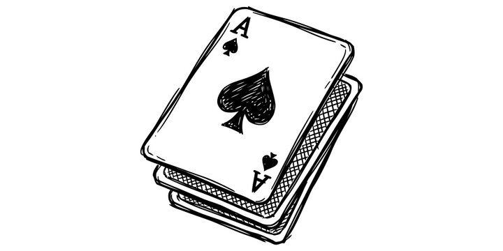 Stack of ace of spades playing cards with rough hand drawn sketch style.