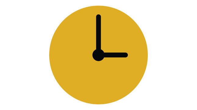Bright yellow minimalist wall clock showing three o'clock against a plain white background