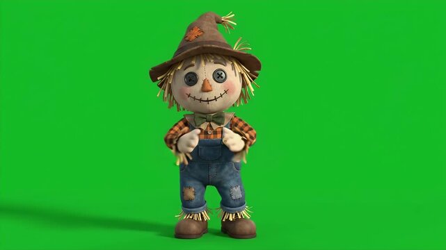 Cartoon Scarecrow Doll Clapping on Green Screen - A cheerful, cartoon-style scarecrow doll wearing a hat, plaid shirt, and overalls stands and claps its hands on a bright green background.