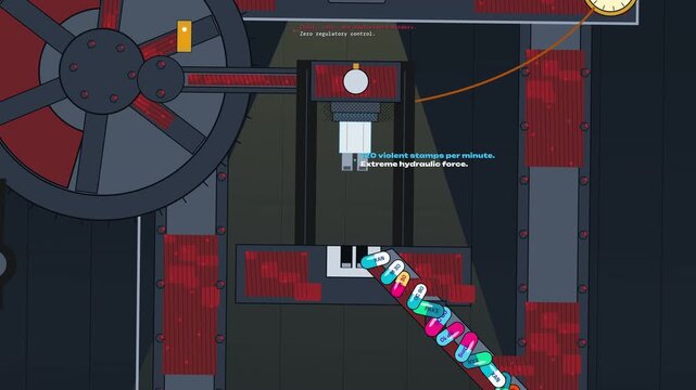 Looping animated infographic showing a counterfeit pill press machine manufacturing fake and substandard dangerous illegal drugs for the global black market with zero regulatory control
