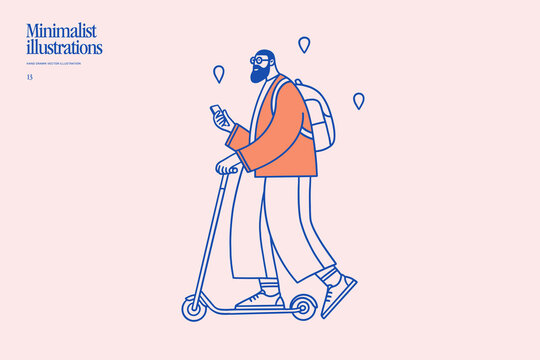 Bearded man riding an electric scooter while checking a smartphone with navigation pins around him. Minimalist flat vector illustration for mobility, GPS, travel, and mobile apps.