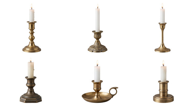 Collection of six vintage brass candlesticks with white wax candles arranged in a grid pattern for home decor isolated on a transparent background